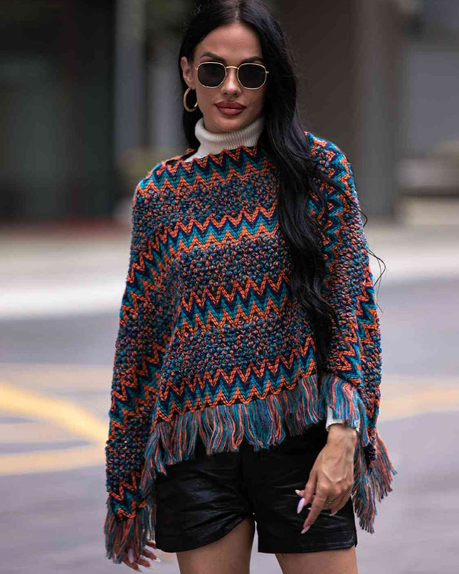 Fringe Hem Boat Neck Poncho