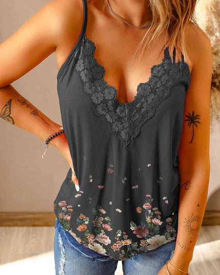 Floral Lace Trim Scalloped Plunge Cami