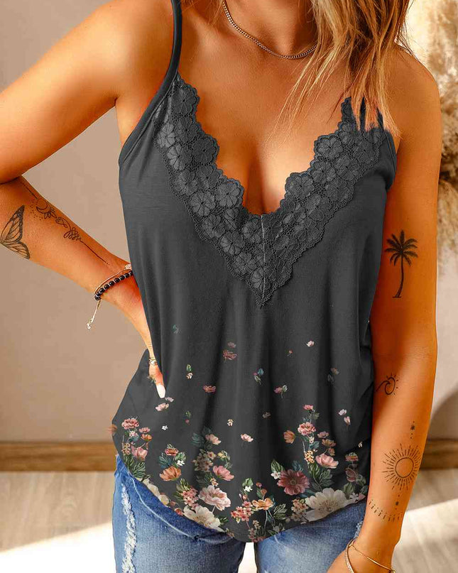 Floral Lace Trim Scalloped Plunge Cami