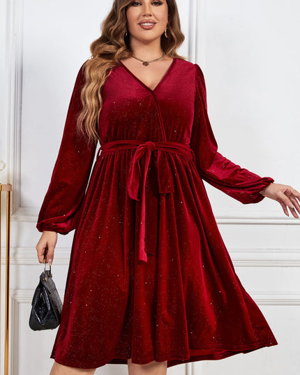 Melo Apparel Plus Size Surplice Neck Balloon Sleeve Tie Belt Midi Dress