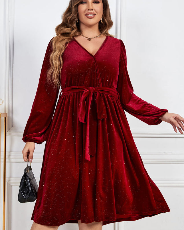 Melo Apparel Plus Size Surplice Neck Balloon Sleeve Tie Belt Midi Dress