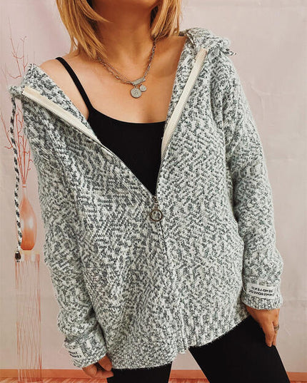 Zip Up Drawstring Long Sleeve Hooded Sweater