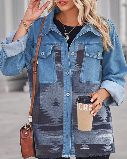 Geometric Raw Hem Button Up Denim Jacket