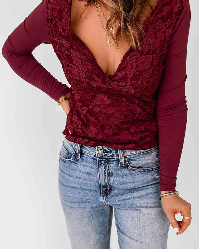 Double Take Lace Long Sleeve Plunge Blouse