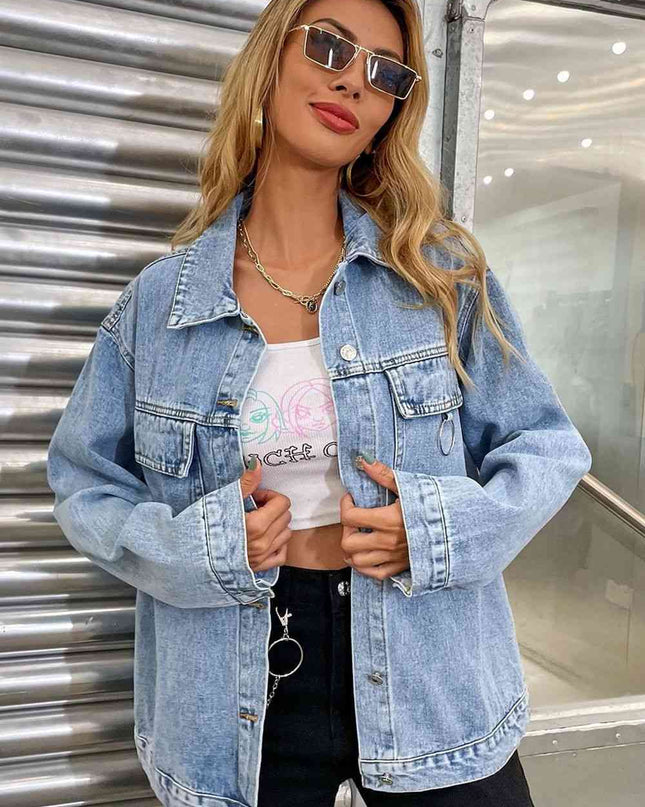 Collared Neck Dropped Shoulder Denim Jacket