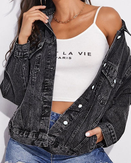Collared Neck Dropped Shoulder Button-Down Denim Jacket
