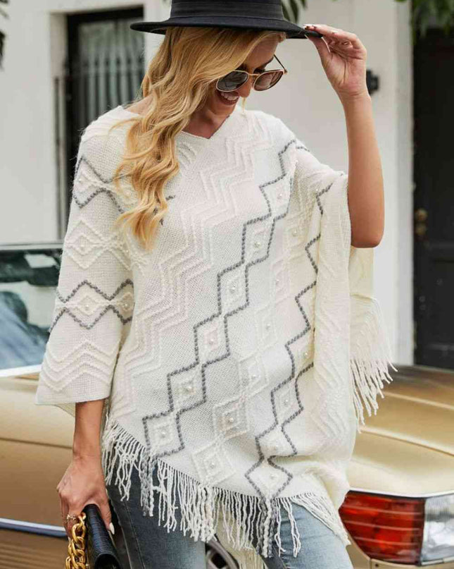 Pearl Trim V-Neck Fringe Hem Poncho