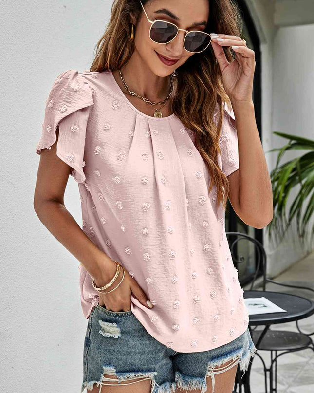 Swiss Dot Round Neck Petal Sleeve Top