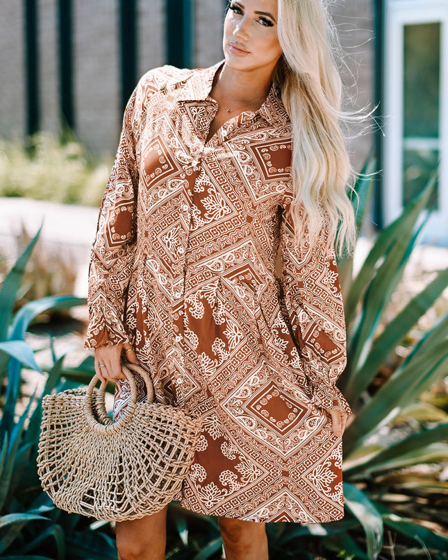 Printed Flounce Sleeve Shirt Dress