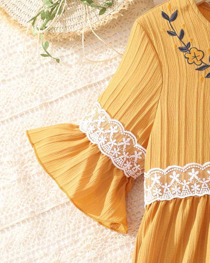 Lace Waistband Embroidery Round Neck Flounce Sleeve Dress