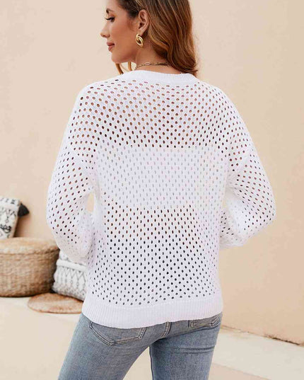 Round Neck Openwork Dropped Shoulder Knit Top