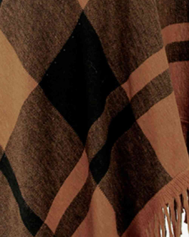 Plaid Turtleneck Fringe Hem Poncho
