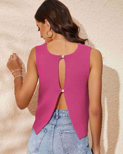 Buttoned Cutout Ribbed Trim Knit Tank