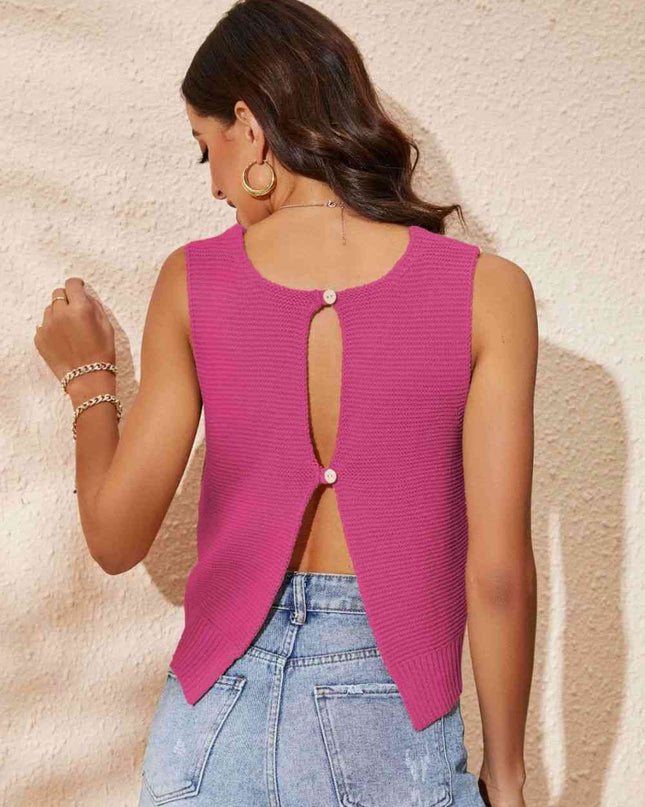 Buttoned Cutout Ribbed Trim Knit Tank