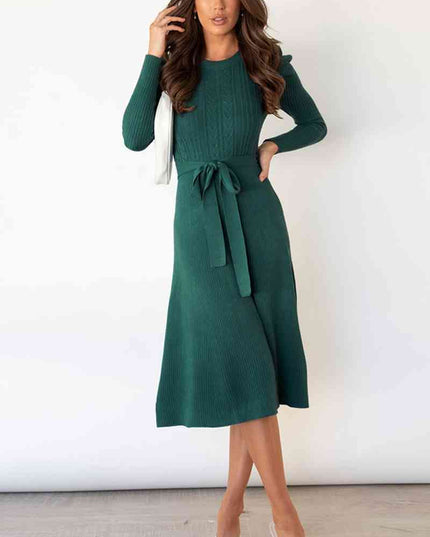 Round Neck Long Sleeve Tie Waist Sweater Dress