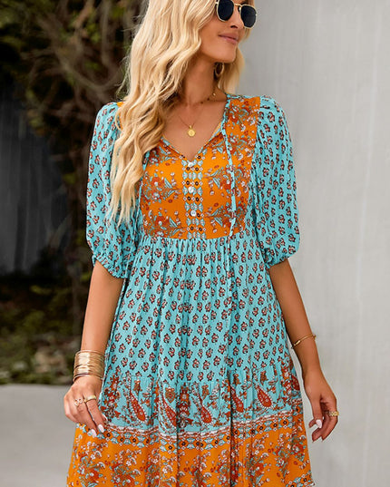 Bohemian Tie Neck Balloon Sleeve Dress