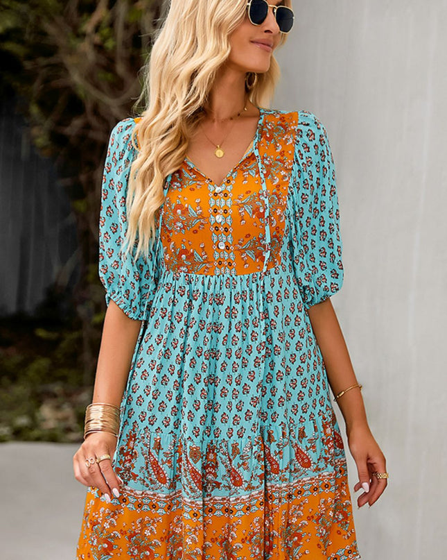 Bohemian Tie Neck Balloon Sleeve Dress