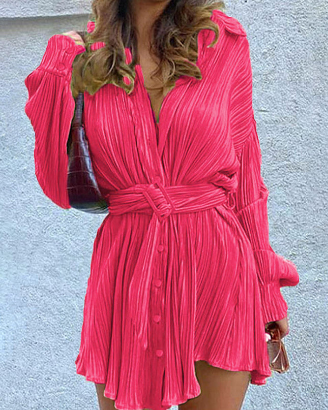 Tie Waist Button-Down Long Sleeve Dress