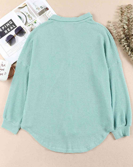 Waffle-Knit Button Up Long Sleeve Shirt with Pocket