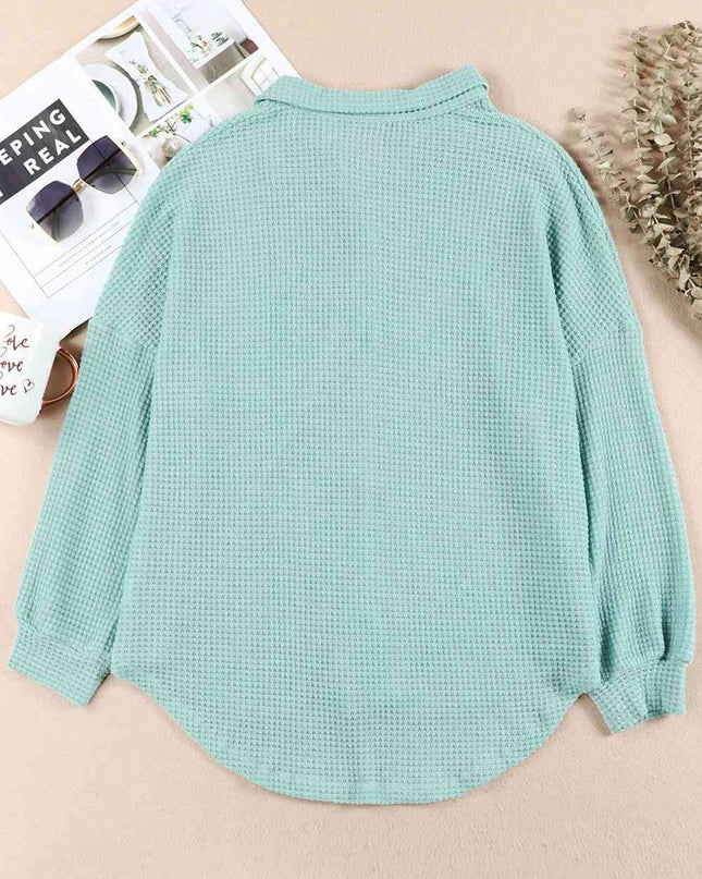 Waffle-Knit Button Up Long Sleeve Shirt with Pocket