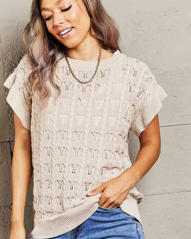 Double Take Round Neck Short Sleeve Cable-Knit Top