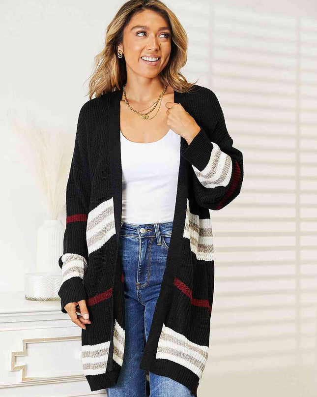 Double Take Striped Rib-Knit Drop Shoulder Open Front Cardigan