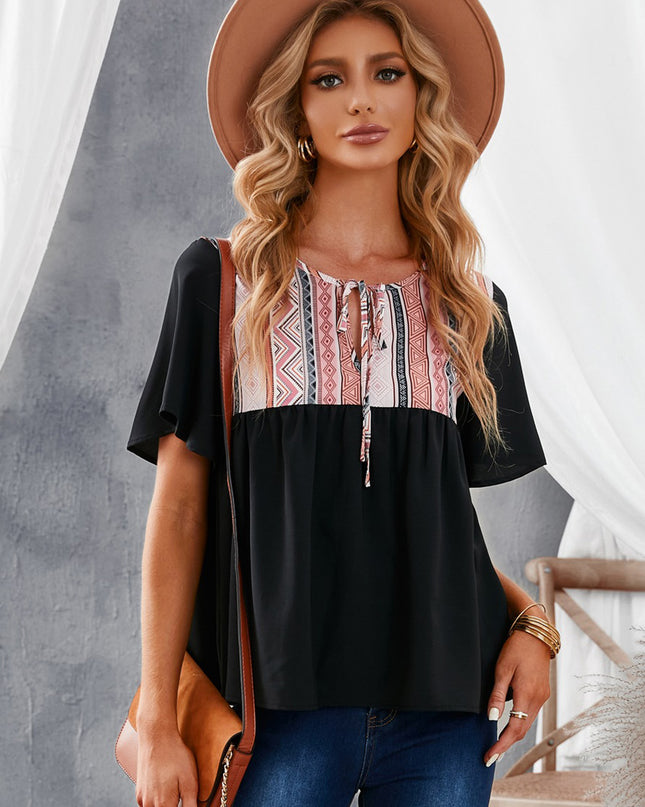 Geometric Print Color Block Tied Babydoll Blouse