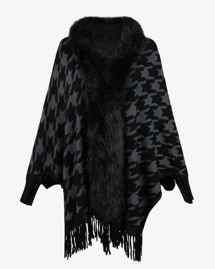 Houndstooth Fringe Hem Poncho