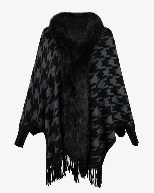 Houndstooth Fringe Hem Poncho