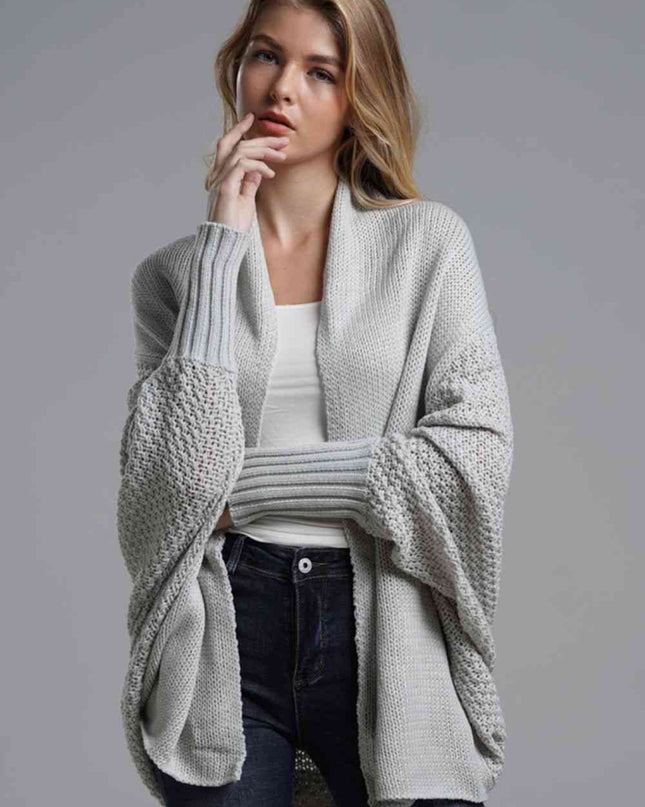 Double Take Dolman Sleeve Open Front Ribbed Trim Longline Cardigan