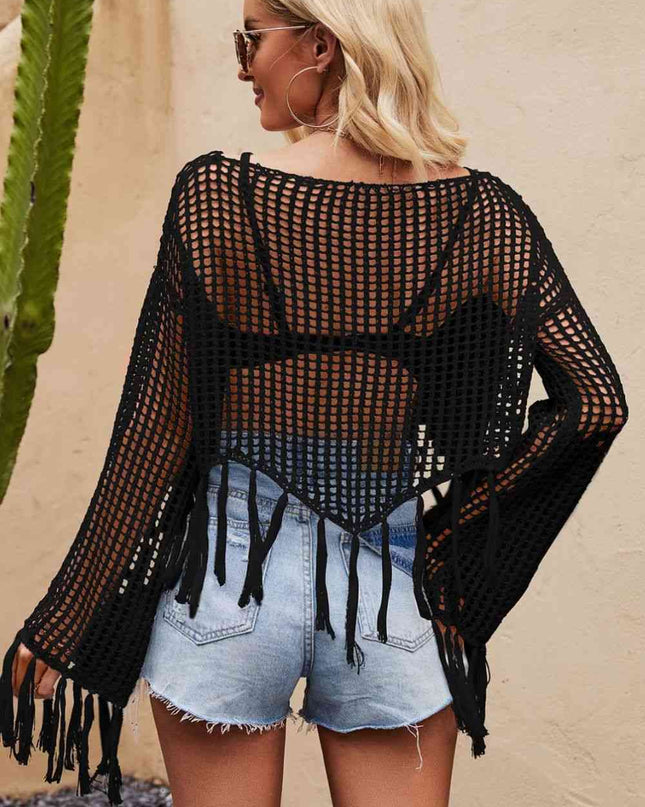 Tassel Hem Openwork Long Sleeve Cover Up