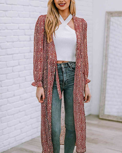 Leopard Tie Waist Flounce Sleeve Cover Up