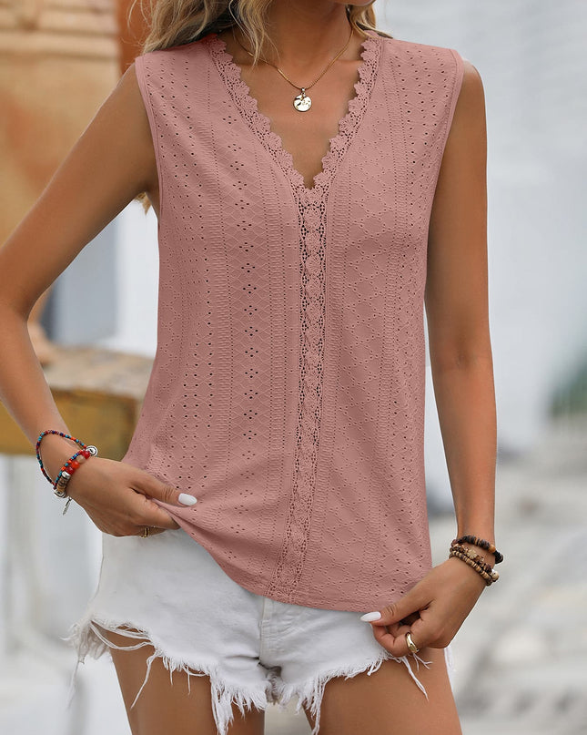 Spliced Lace V-Neck Sleeveless Tank