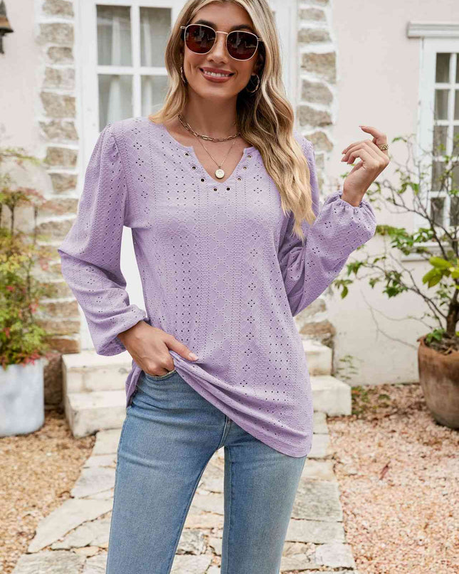 Eyelet Notched Neck Balloon Sleeve Blouse
