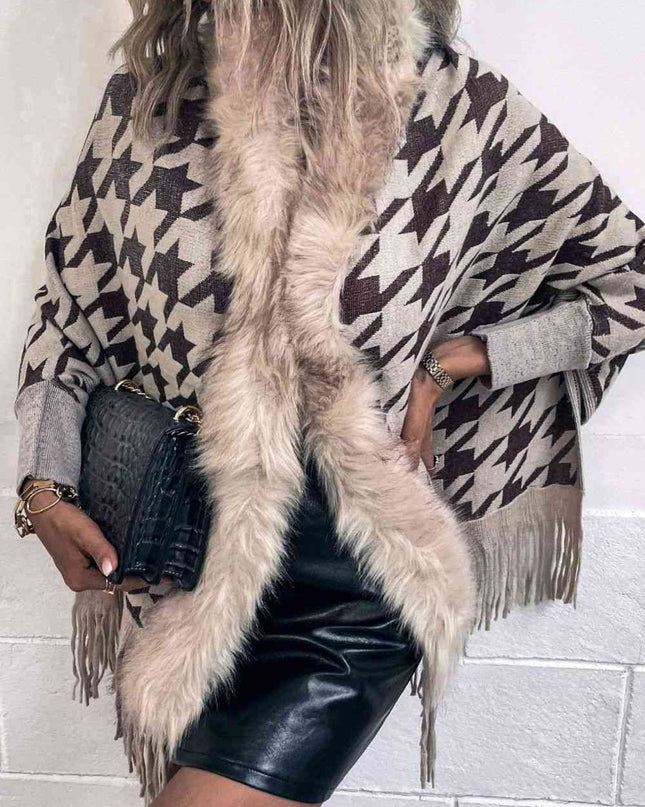 Houndstooth Fringe Hem Poncho