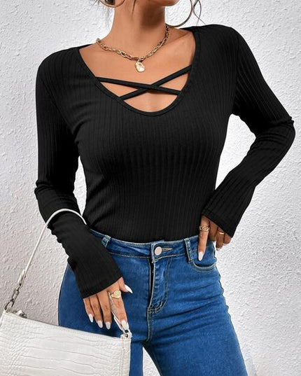 Ribbed Crisscross V-Neck Long Sleeve Knit Top
