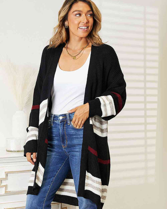 Double Take Striped Rib-Knit Drop Shoulder Open Front Cardigan