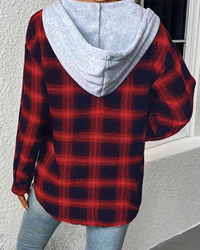 Plaid Drawstring Button Up Hooded Jacket