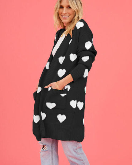 Heart Graphic Open Front Cardigan with Pockets