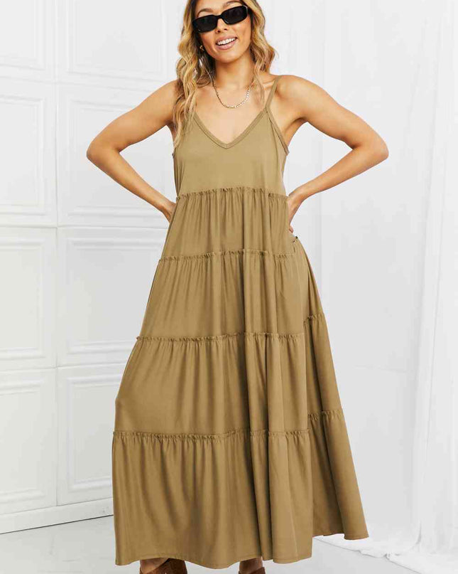 Zenana Full Size Spaghetti Strap Tiered Dress with Pockets in Khaki