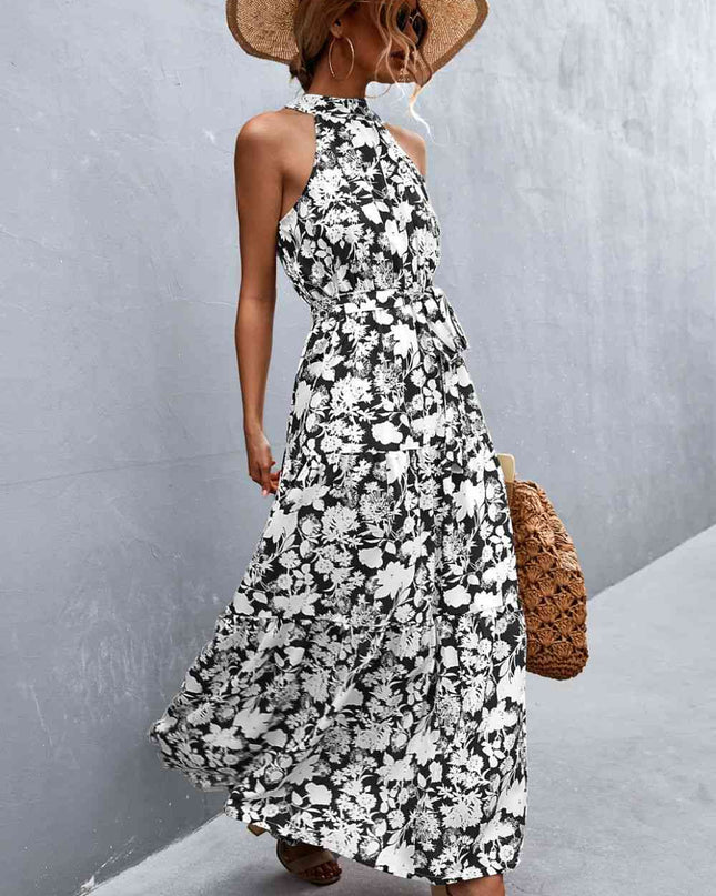 Printed Sleeveless Tie Waist Maxi Dress