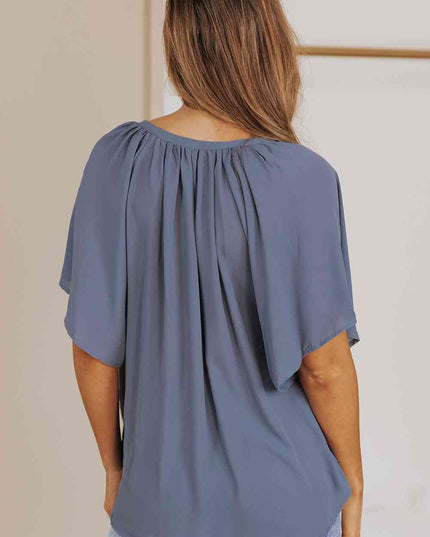 Gathered Detail Notched Neck Flutter Sleeve Top