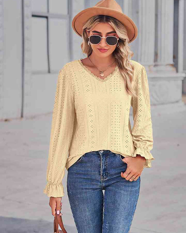 Eyelet V-Neck Flounce Sleeve Blouse