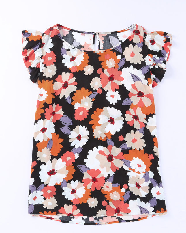 Plus Size Floral Flutter Sleeve Round Neck Top