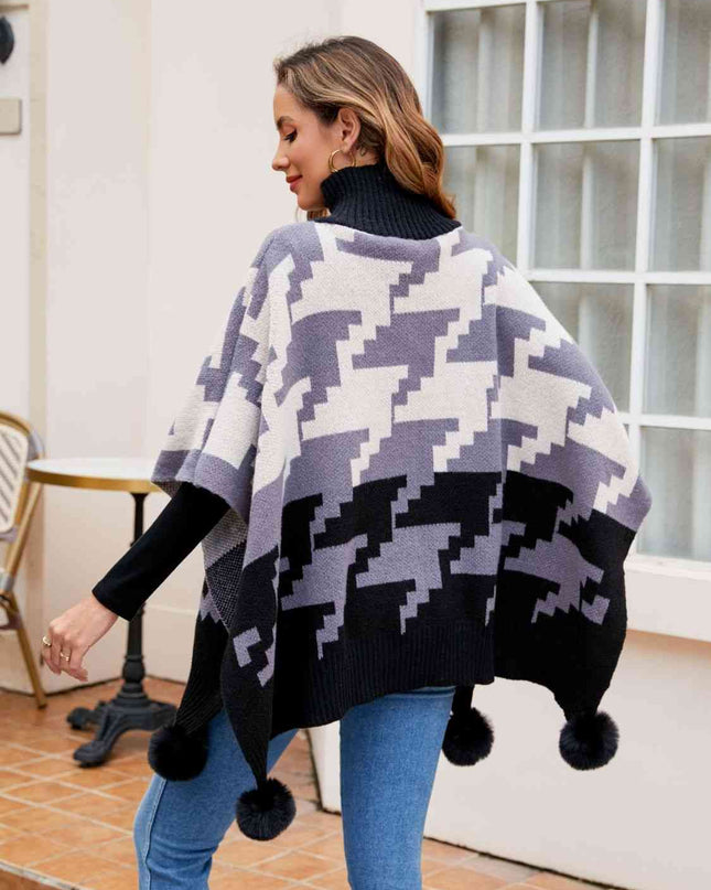 Turtleneck Pom-Pom Trim Poncho