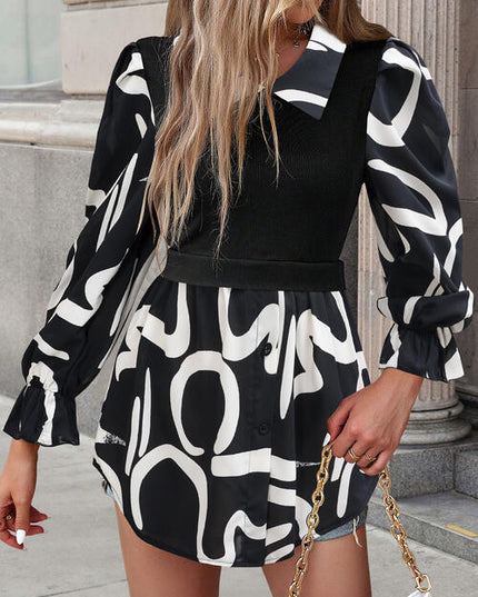 Collared Neck Black And White Color-Contrast Print Long Sleeve Shirt