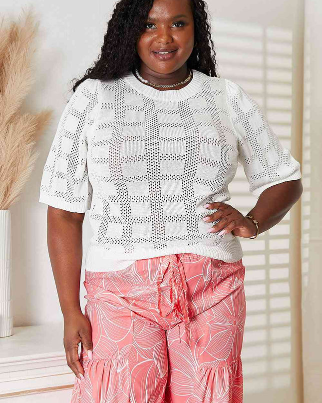 Double Take Ribbed Trim Round Neck Knit Top