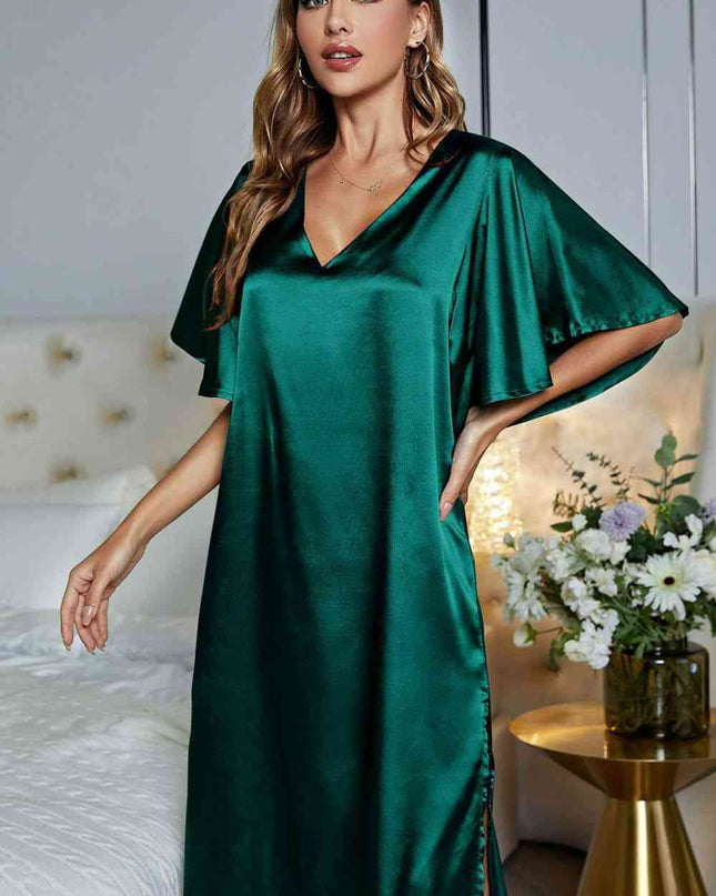 Satin Flutter Sleeve Side Slit V-Neck Night Dress