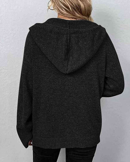 Button Up Drawstring Long Sleeve Hooded Cardigan