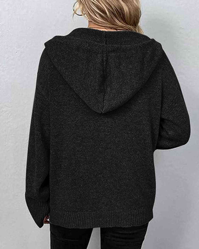 Button Up Drawstring Long Sleeve Hooded Cardigan